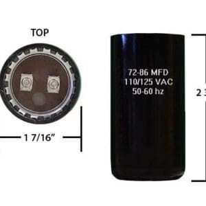 A black capacitor is shown with measurements.