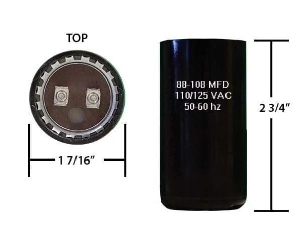 A black capacitor is shown with the top and bottom measurements.