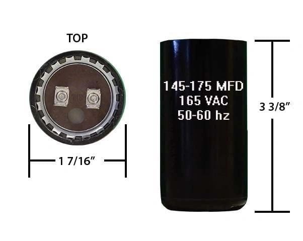 A black capacitor is shown with the measurements.