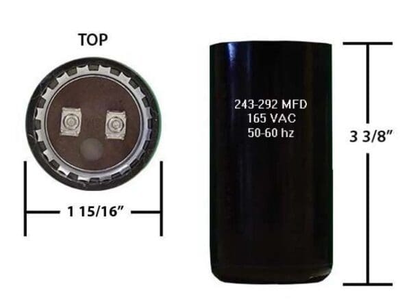 A black capacitor is shown with the top and bottom of it.