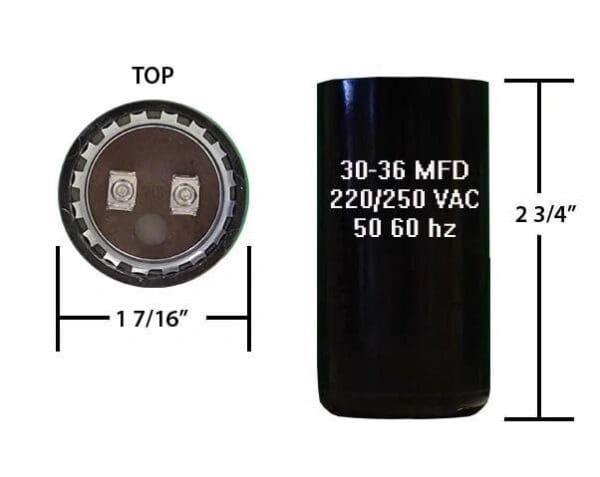 A black capacitor is shown with measurements.