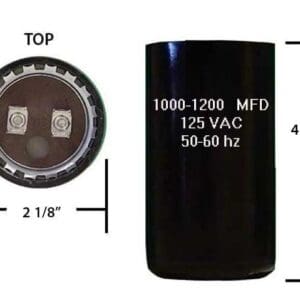 A black capacitor is shown with measurements.