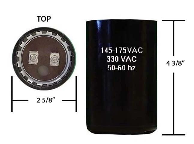 A black capacitor is shown with measurements.