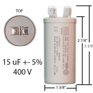 A capacitor is shown with the measurements of its size.