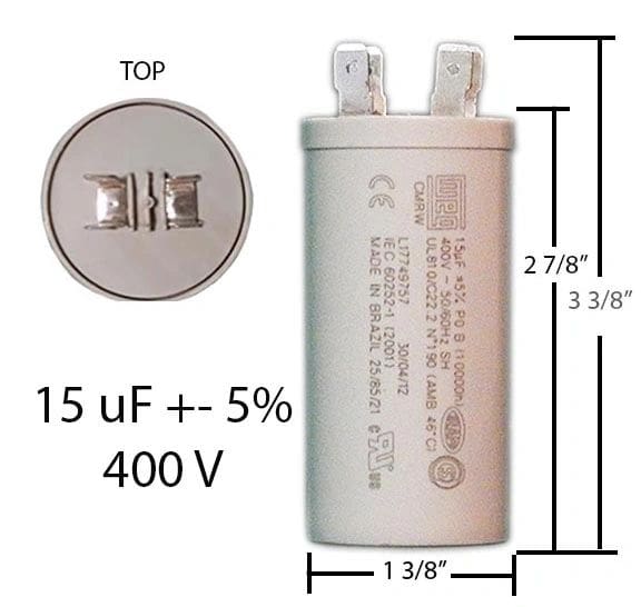 A capacitor is shown with the measurements of its size.