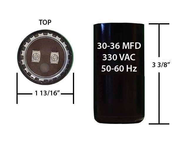 A black capacitor is shown with the measurements.