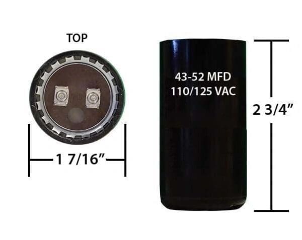 A black capacitor is shown with the top and bottom measurements.