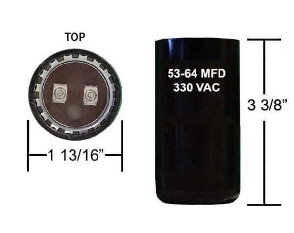 A black capacitor is shown with the top and bottom of it.