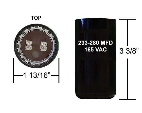 A black capacitor with the top of it and its size.