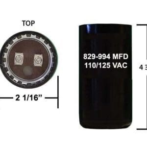 A black capacitor is shown with the top and bottom of it.