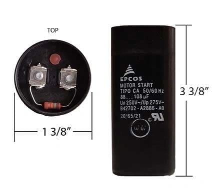 A black capacitor is shown with its measurements.