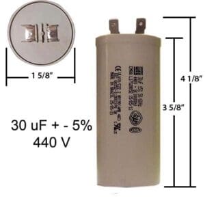 A capacitor is shown with the measurements.