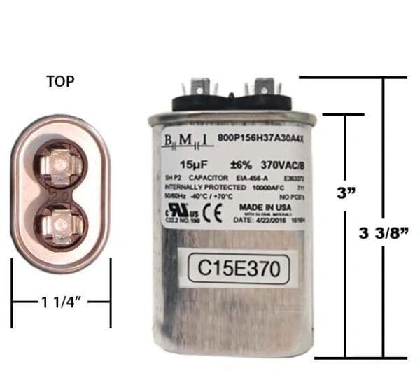 A capacitor is shown with measurements.