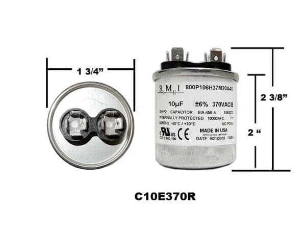 A capacitor is shown with measurements.