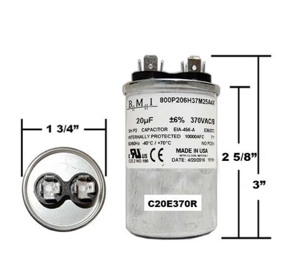 A capacitor is shown with measurements.