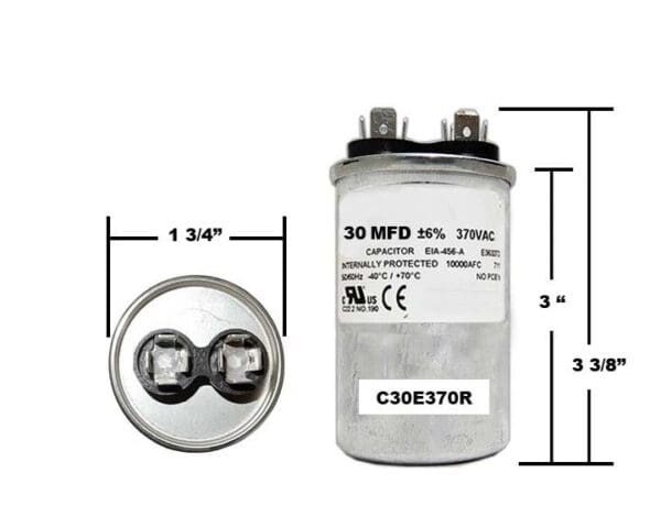 A capacitor is shown with measurements.