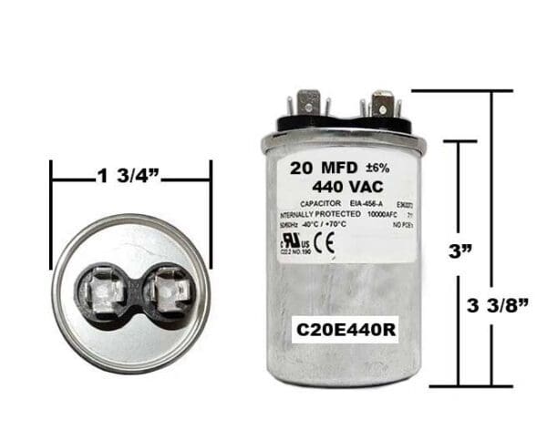 A picture of a capacitor with the size and type.