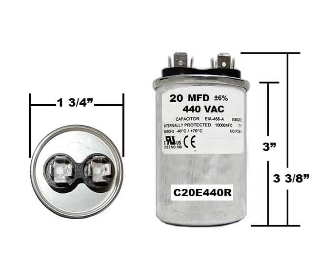 A picture of a capacitor with the size and type.