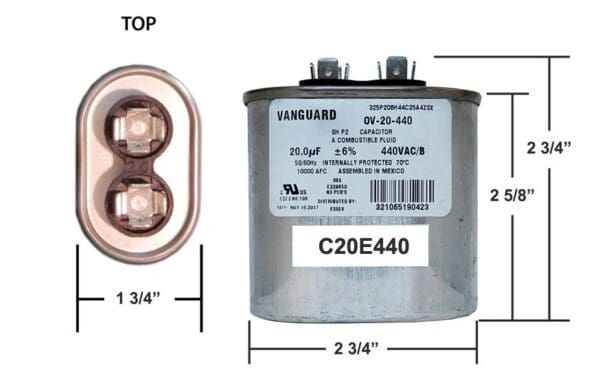 A diagram of the size and type of capacitor.