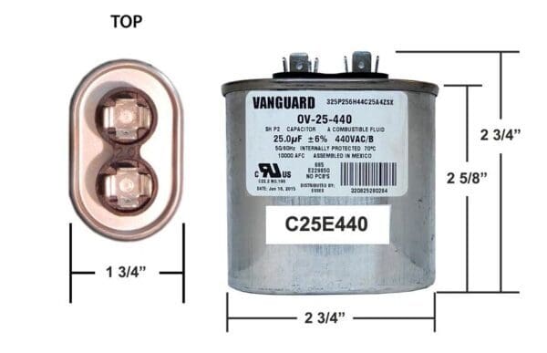 A diagram of the dimensions of a capacitor.