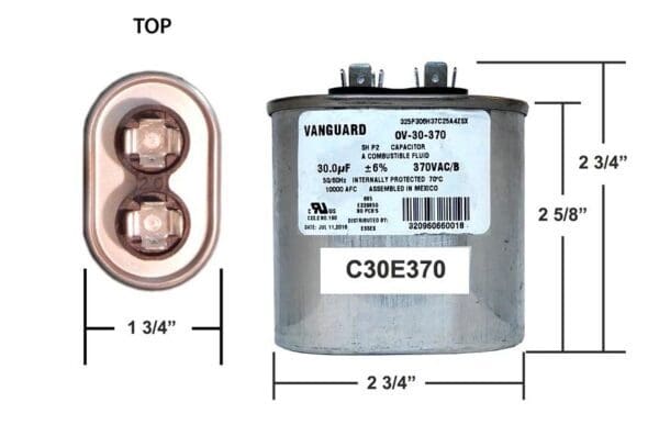 A diagram of a capacitor with the measurements.