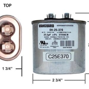 A diagram of the size and type of capacitor.