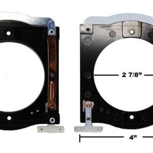 A pair of speakers with the mounting brackets attached.