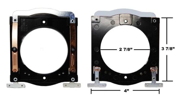 A pair of speakers with the mounting brackets attached.