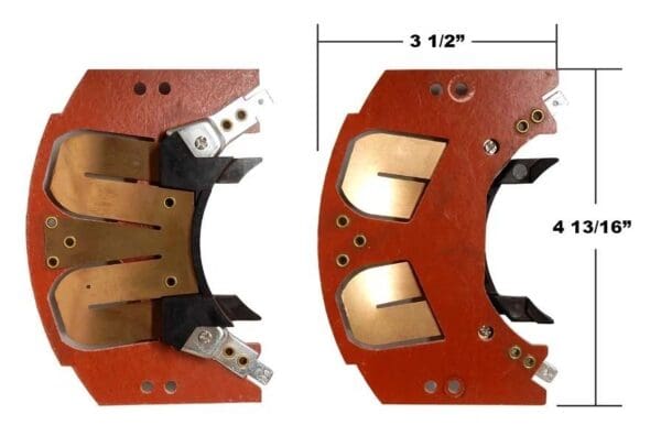 A side and front view of the two parts of a disc brake.