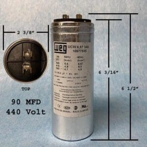 A capacitor is shown with measurements on it.