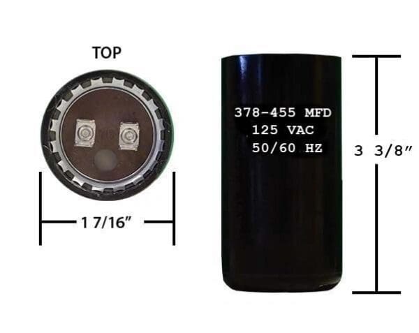 A black capacitor is shown with the top and bottom measurements.