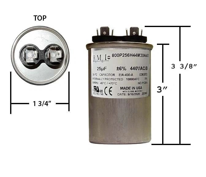 A capacitor is shown with the top and bottom measurements.