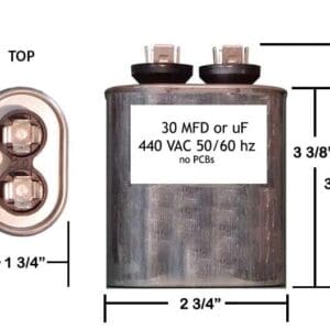 A diagram of a capacitor with the top and bottom half marked.