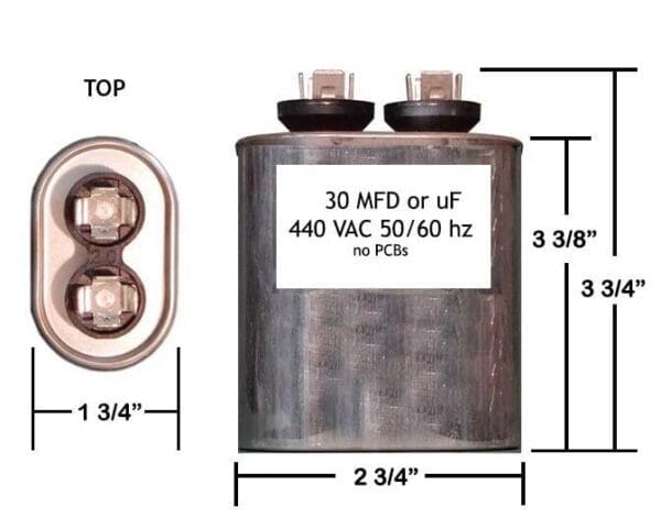 A diagram of a capacitor with the top and bottom half marked.