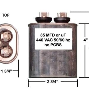 A diagram of a capacitor with the top and bottom half marked 3 5 mfd or 4 4 0 vac.