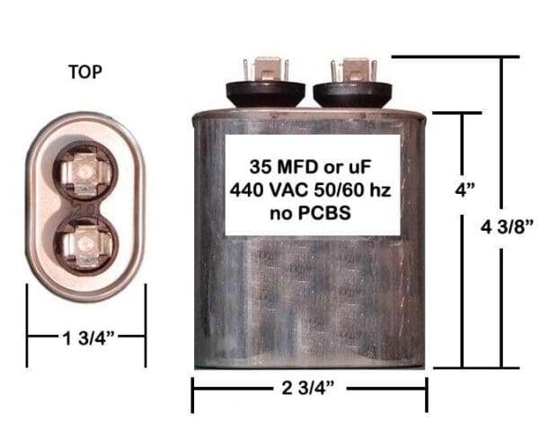 A diagram of a capacitor with the top and bottom half marked 3 5 mfd or 4 4 0 vac.