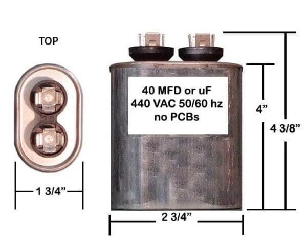 A diagram of a capacitor with the numbers 4 0 mfd or uf and the number 4 4 0 vac.