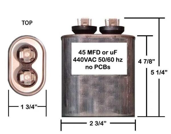 A diagram of a capacitor with the top and bottom half marked 4 5 mfd or uf.