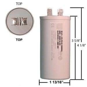 A capacitor is shown with the measurements.