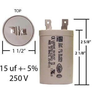 A capacitor is shown with measurements.