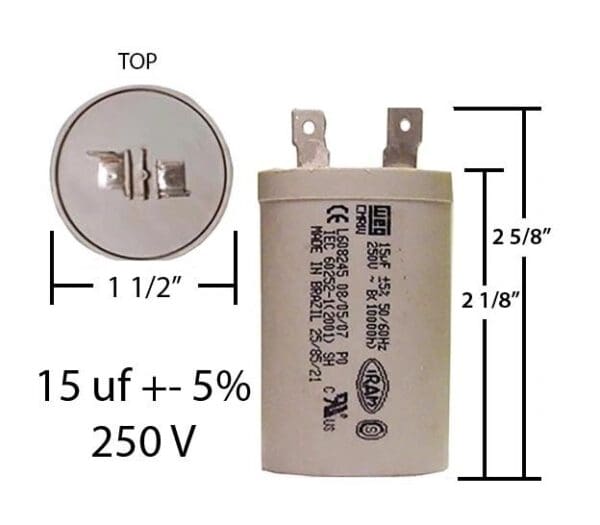 A capacitor is shown with measurements.