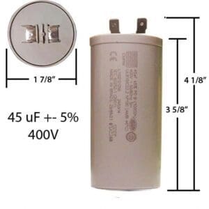 A capacitor is shown with the measurements.