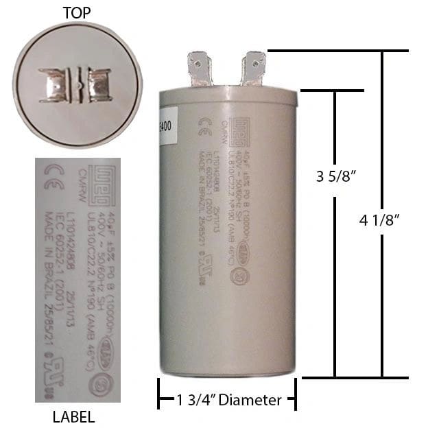 A diagram of a capacitor with the label and dimensions.