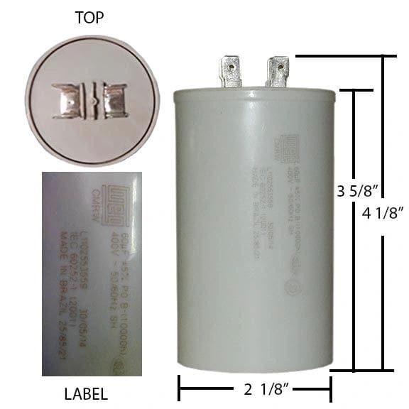 A capacitor is shown with the label and dimensions.