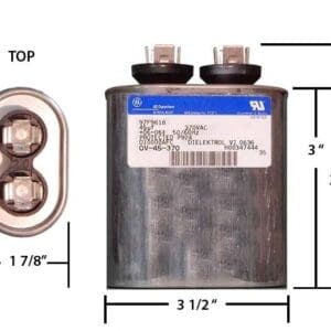 A diagram of a capacitor with the top and bottom half marked.