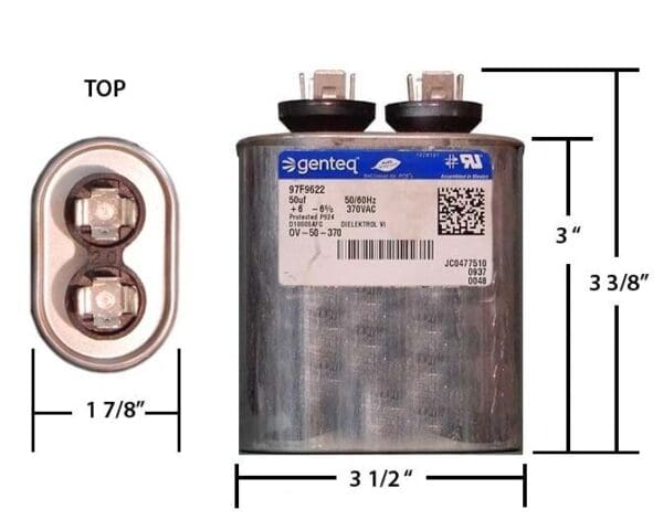 A diagram of a capacitor with the size and weight