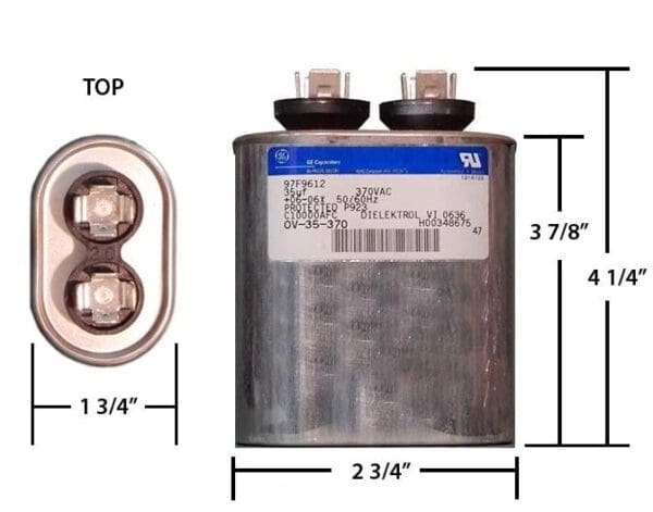 A diagram of a capacitor with the top and bottom half marked.