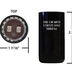 A black capacitor is shown with measurements.