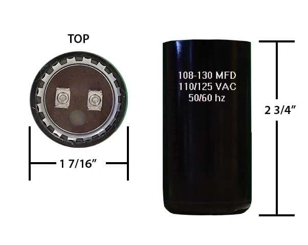 A black capacitor is shown with measurements.