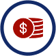 A red and white icon of a coin stack.